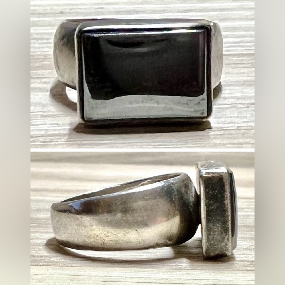 Vintage Handmade Designer Signed Heavy 950 Silver Hematite Band Ring, Size 7